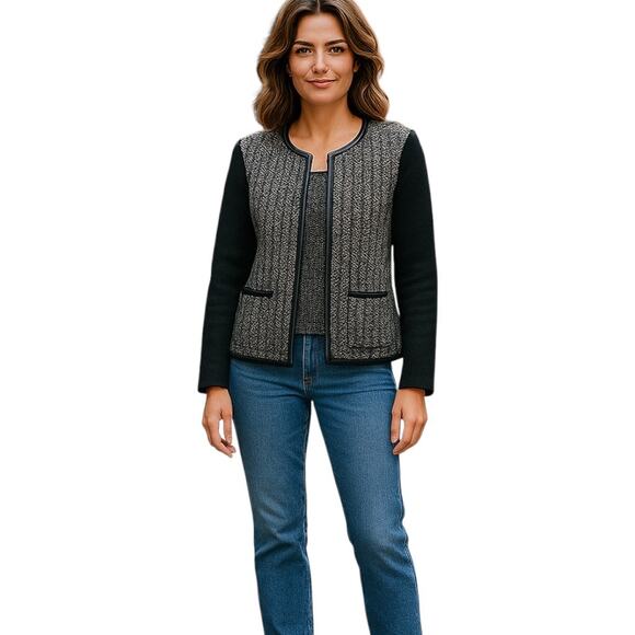 Talbots Merino Wool Knit Zip Jacket Black Cream Size S - Picture 1 of 7